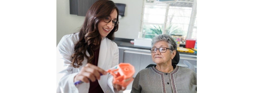 Dentist and patient look at patient education model 